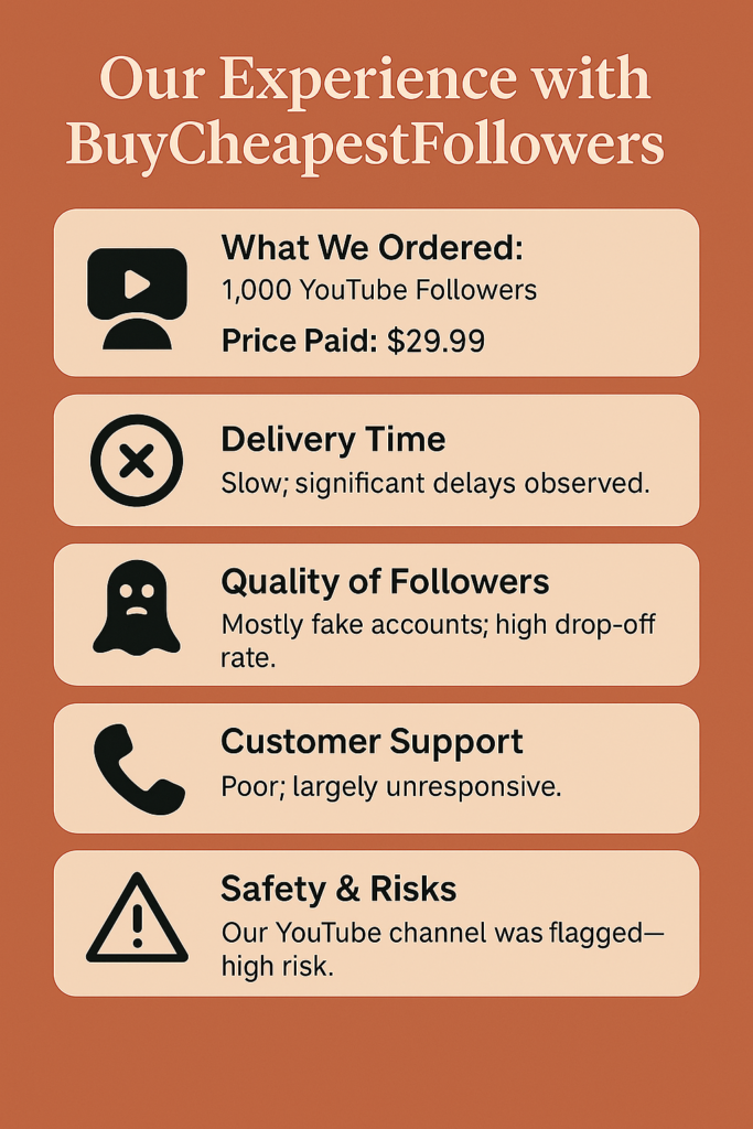 An infographic titled "Our Experience With BuyCheapestFollowers" summarizes a test of their YouTube follower service. It reports a purchase of 1,000 followers for $29.99 with slow delivery, mostly fake accounts that quickly dropped off, poor customer support, and a YouTube flag due to suspicious subscriber activity, highlighting serious risks.