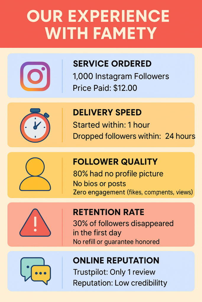 An infographic titled "Our Experience With Famety" features a colorful flat-design layout with six sections: Service Ordered, Delivery Speed, Follower Quality, Retention Rate, Customer Support, and Online Reputation. Each section is marked with bold icons and vibrant colors like red, blue, yellow, and orange. Key points include purchasing 1,000 Instagram followers for $12, delivery in 6 hours, poor follower quality, 30% drop within 24 hours, unresponsive support, and low online credibility.