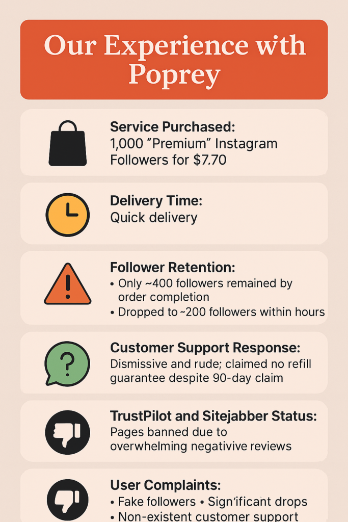 Infographic summarizing our experience with Poprey, including delivery of 1,000 Instagram followers, major drop in retention, poor support response, and unreliable service