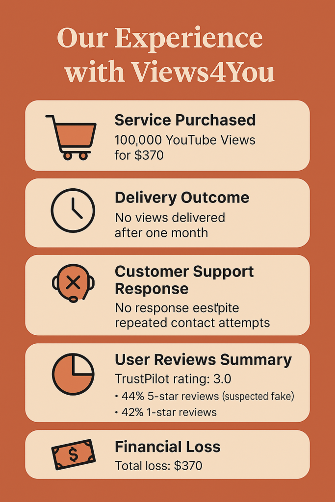 Infographic summarizing a negative experience with Views4You’s YouTube view service. Highlights include purchasing 100,000 YouTube views for $370, receiving no delivery after one month, no response from customer support, suspicious TrustPilot reviews with 44% 5-star and 42% 1-star ratings, and a total financial loss of $370.