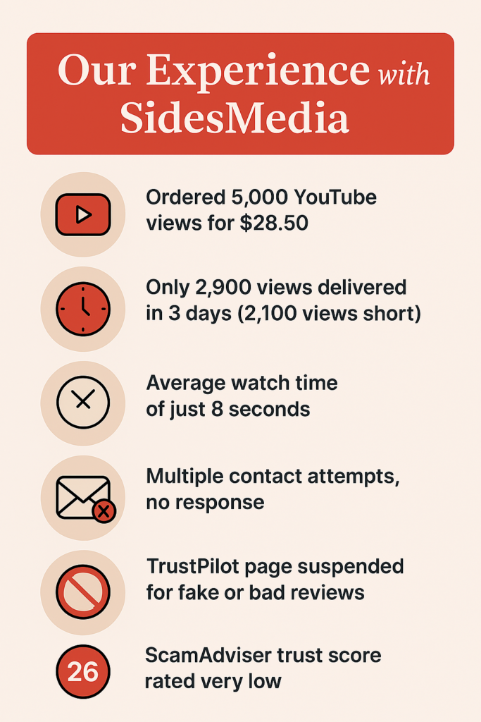 Infographic summarizing our experience with SidesMedia, showing under-delivery of YouTube views, low retention, no support response, and poor trust ratings