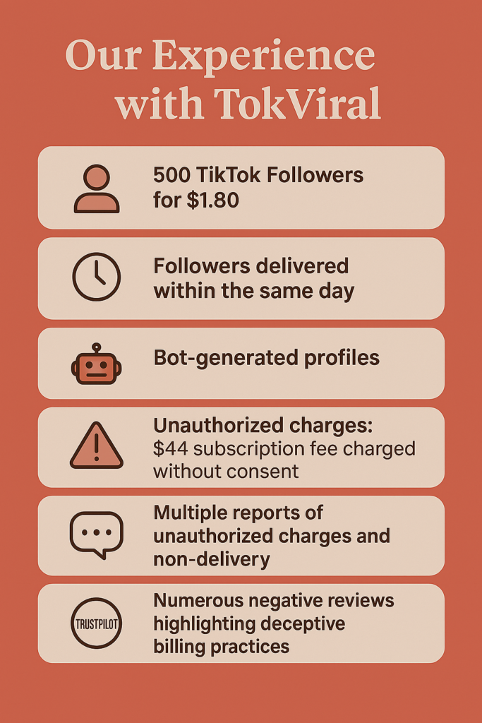 Infographic summarizing our experience with TokViral, including 500 TikTok followers delivered, bot-quality profiles, unauthorized $44 charge, and negative user reviews