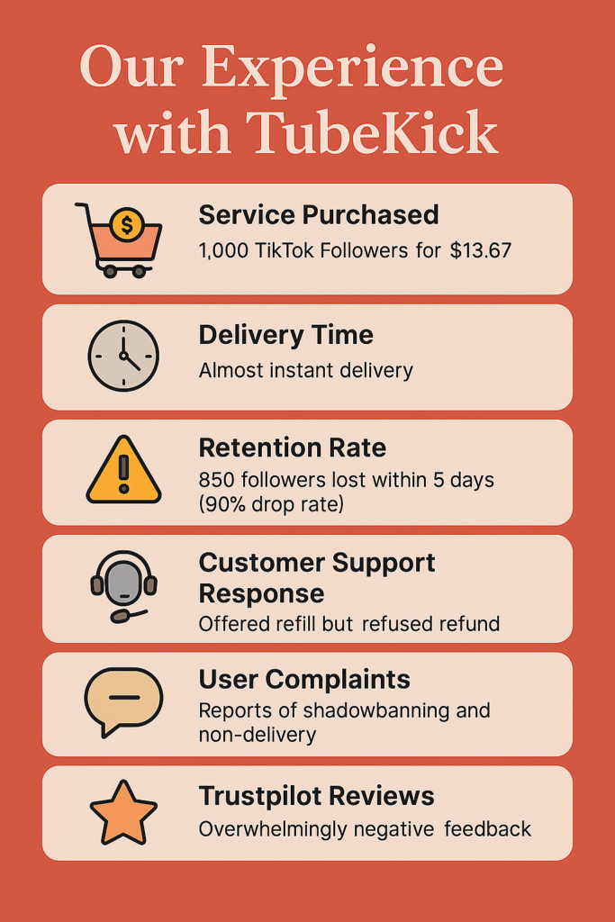 Infographic summarizing our experience with TubeKick, including instant delivery of 1,000 TikTok followers, 90% drop rate, no refund policy, and negative user reviews
