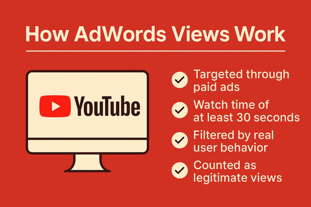 Infographic showing how AdWords YouTube views work, including ad placements, view thresholds, and traffic sources via Google Ads