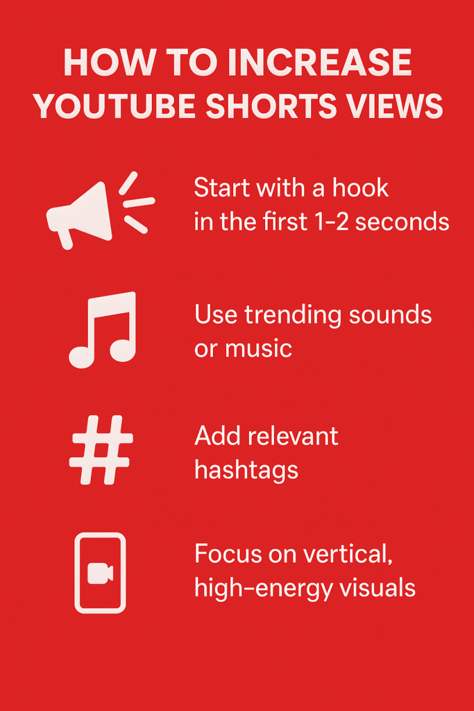 Infographic with four tips to increase YouTube Shorts views, including using hooks, trending sounds, hashtags, and vertical visuals