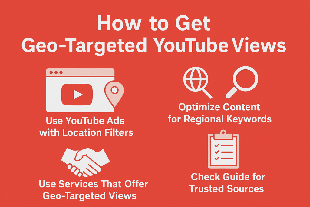 Infographic outlining four steps to get geo-targeted YouTube views, including YouTube Ads, regional keywords, services, and trusted sources