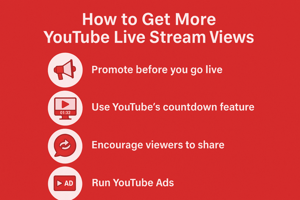 Infographic showing five strategies to increase YouTube Live stream views including promotion, titles, thumbnails, countdowns, and ads