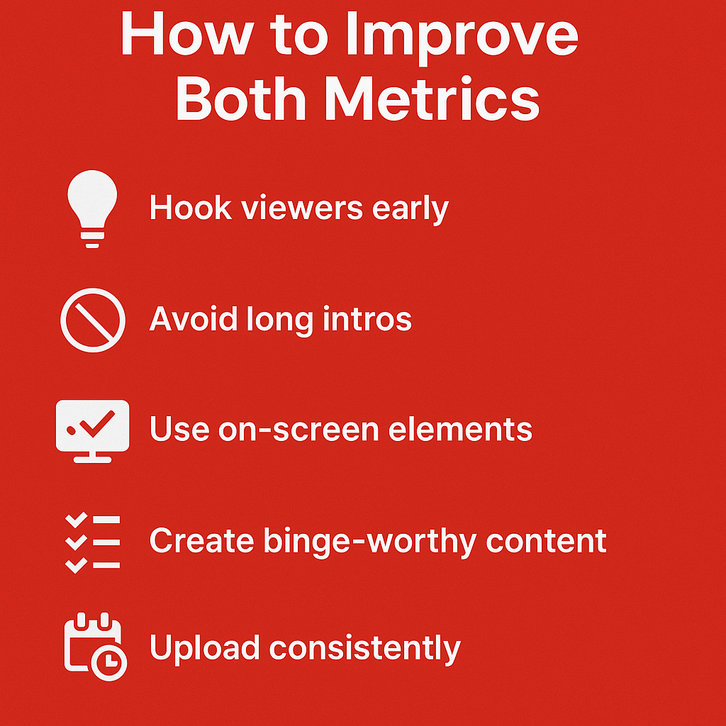 Infographic showing five tips to boost both average view duration and watch time on YouTube with icons and bold red design