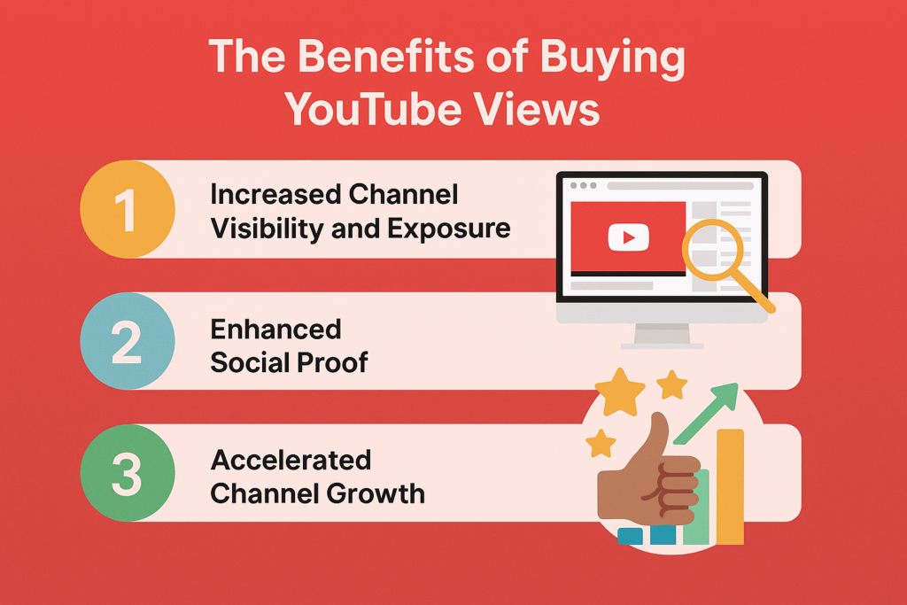 Infographic showing three key benefits of buying YouTube views: increased visibility, enhanced social proof, and faster channel growth