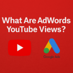 Graphic with the title 'What Are AdWords YouTube Views?' featuring YouTube logo and Google Ads icon on a bold red background