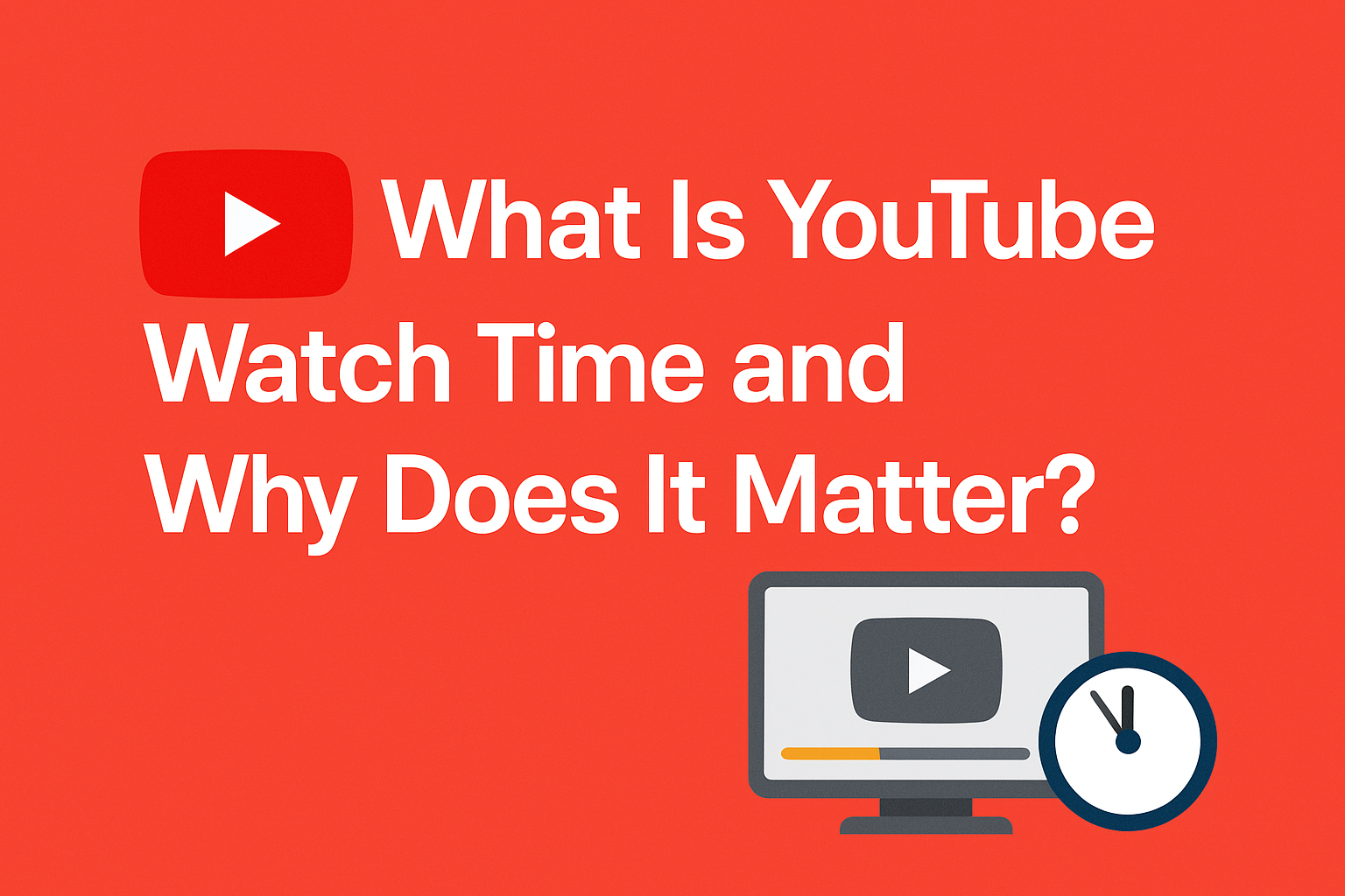 Graphic with title 'What Is YouTube Watch Time and Why Does It Matter?' featuring YouTube logo, video player, and clock icon