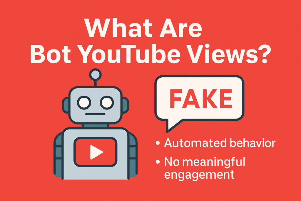 Visual showing fake YouTube views with a robot-themed design, highlighting automated behavior and lack of engagement