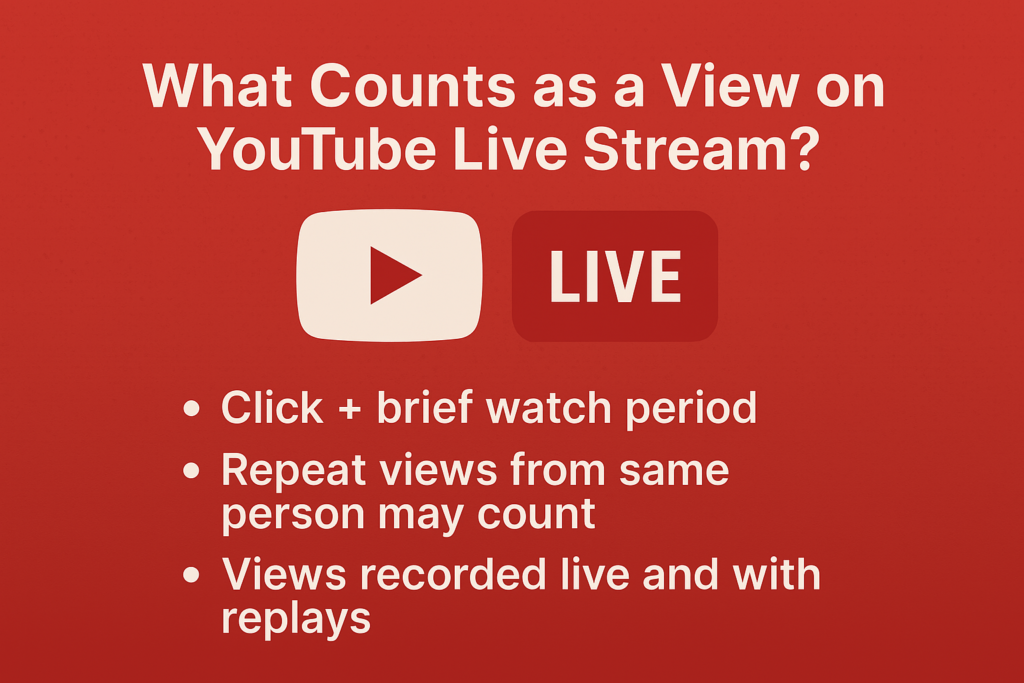 Infographic explaining what counts as a YouTube Live stream view, including watch duration, replays, and concurrent viewers