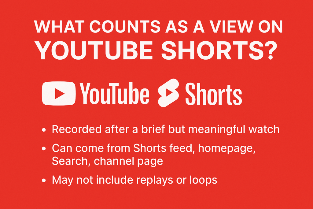 Infographic explaining what counts as a YouTube Shorts view, with YouTube and Shorts logos, and three key bullet points on red background