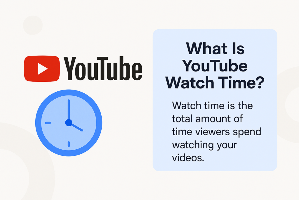 Infographic explaining YouTube watch time with YouTube logo, clock icon, and a brief definition in a clean layout