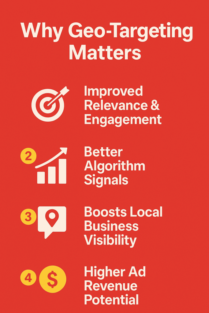 Infographic showing four reasons geo-targeting matters for YouTube, including engagement, algorithm boosts, business visibility, and revenue