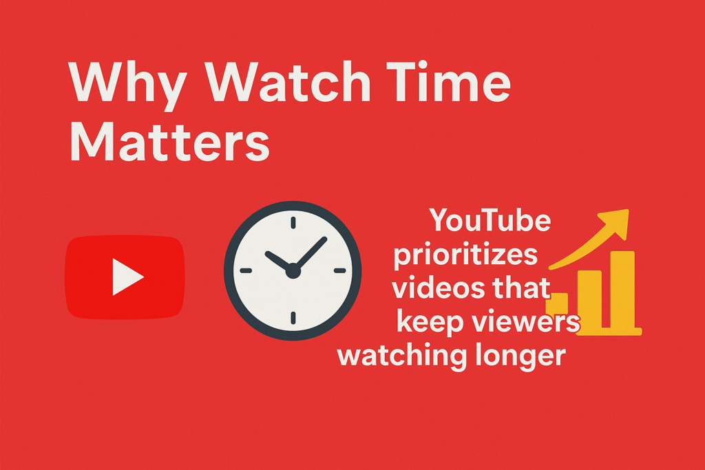 Infographic showing why YouTube watch time matters with YouTube logo, clock icon, and key explanation on red background