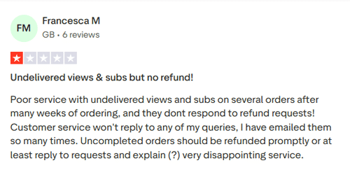 UpViews user review - undelivered views & subs and no refund