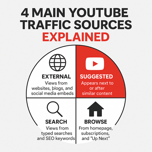 Infographic showing the four main YouTube traffic sources — External, Suggested, Browse, and Search — each with short descriptions.