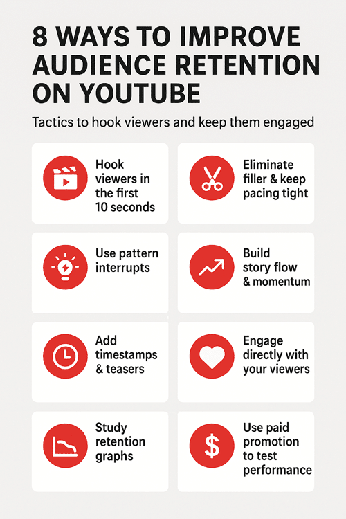 Infographic showing eight ways to improve YouTube audience retention including hooks, pacing, engagement, and analytics.