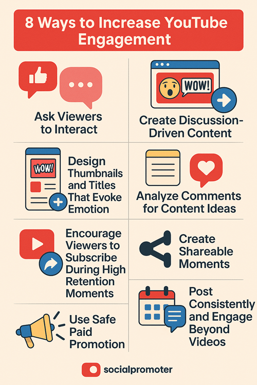 Infographic showing eight ways to increase YouTube engagement rate including CTAs, discussions, emotional thumbnails, comments, subscriptions, shareable moments, paid promotion, and consistent posting.