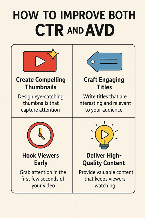 Infographic showing tips to improve YouTube CTR and Average View Duration with thumbnail, title, and engagement strategies.