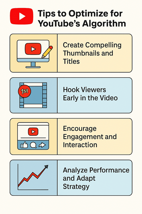 Infographic showing tips to optimize for the YouTube algorithm, including compelling thumbnails, strong hooks, engagement, and performance analysis.